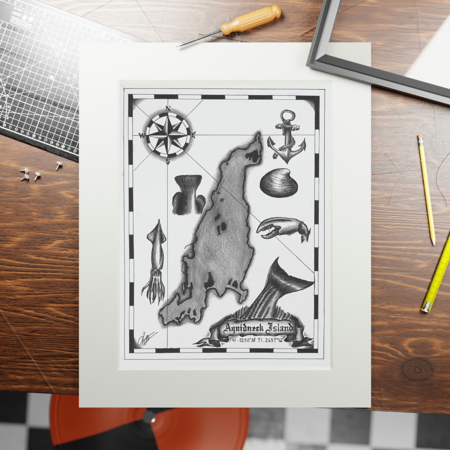 Tail-Whip Aquidneck Island Pirate Map Fine Art Prints (Passepartout Paper Frame)