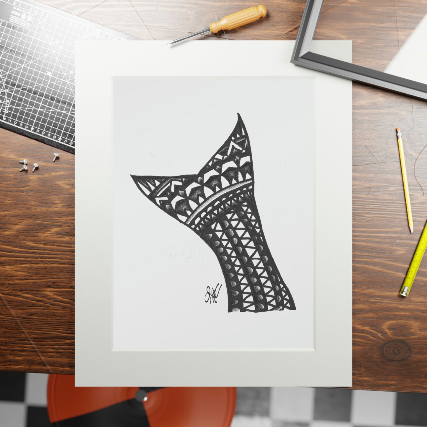 Tail-Whip Striped Bass Henna Tail Fine Art Prints (Passepartout Paper Frame)