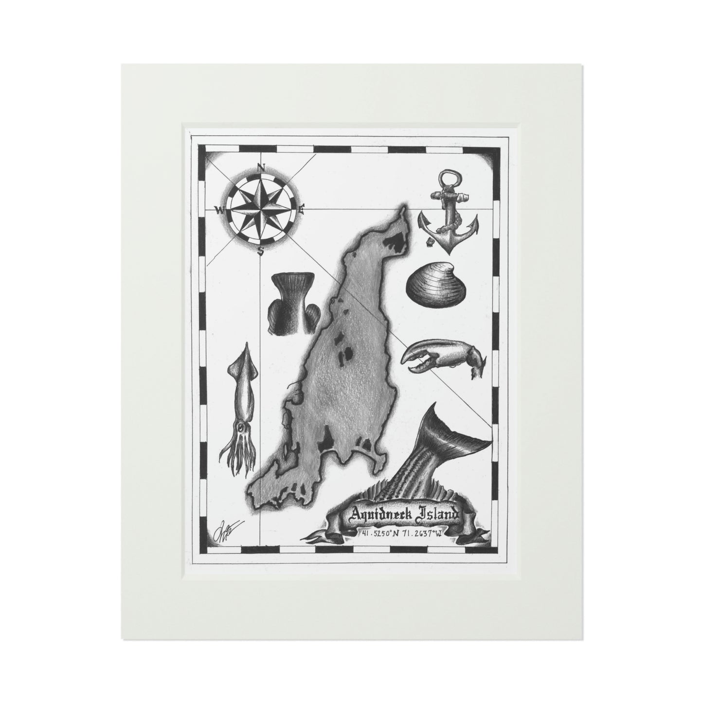 Tail-Whip Aquidneck Island Pirate Map Fine Art Prints (Passepartout Paper Frame)