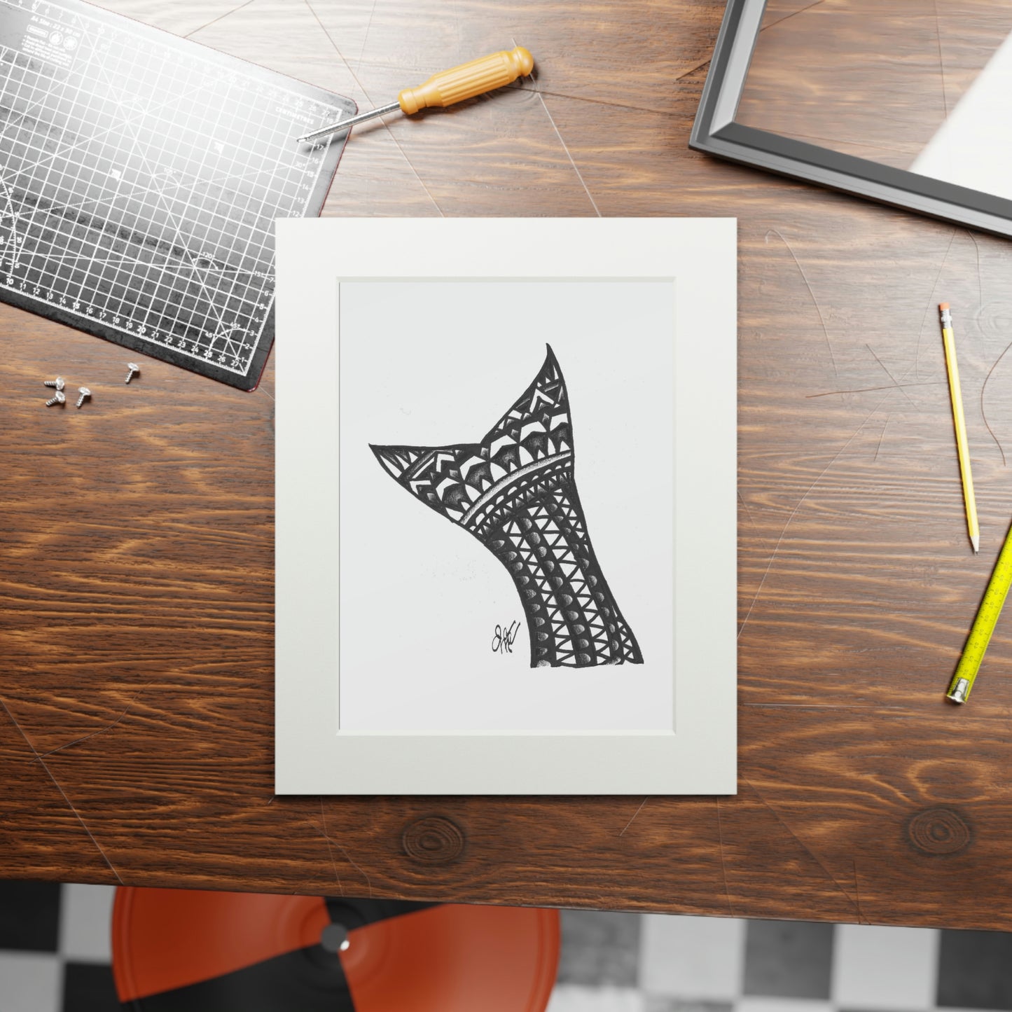 Tail-Whip Striped Bass Henna Tail Fine Art Prints (Passepartout Paper Frame)