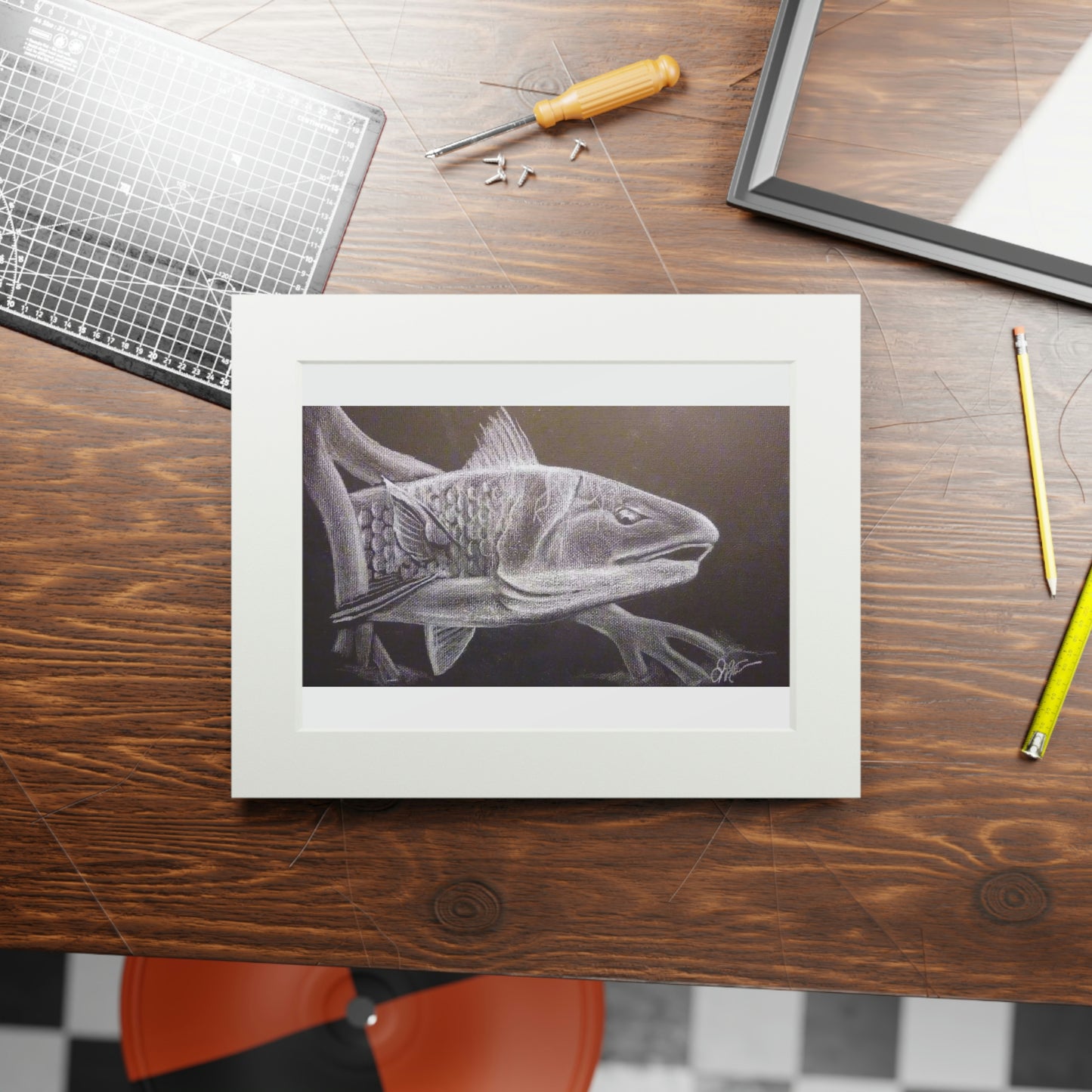 Tail Whip Redfish Fine Art Prints (Passepartout Paper Frame)